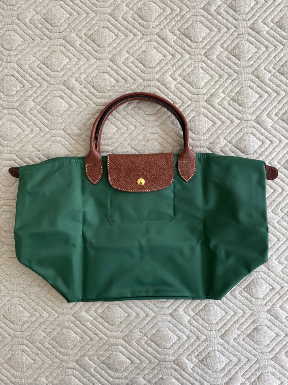 Longchamp Green Le Pliage Medium Canvas Handbag Tote with Brown Leather Trim